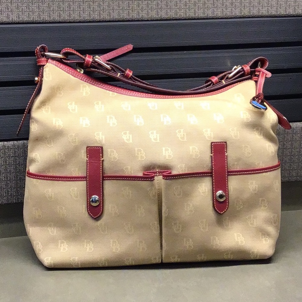 Dooney & Burke Signature Canvas Burgundy Trim Shoulder Lucy Bag Like New